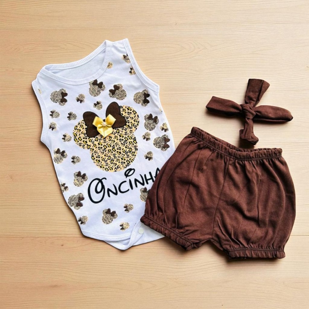 Conjunto Bebê Menina 3 a 6 Meses Body + Shorts + Laço de cabelo ou Camiseta + Calça Oncinha Roupa para bebê algodão