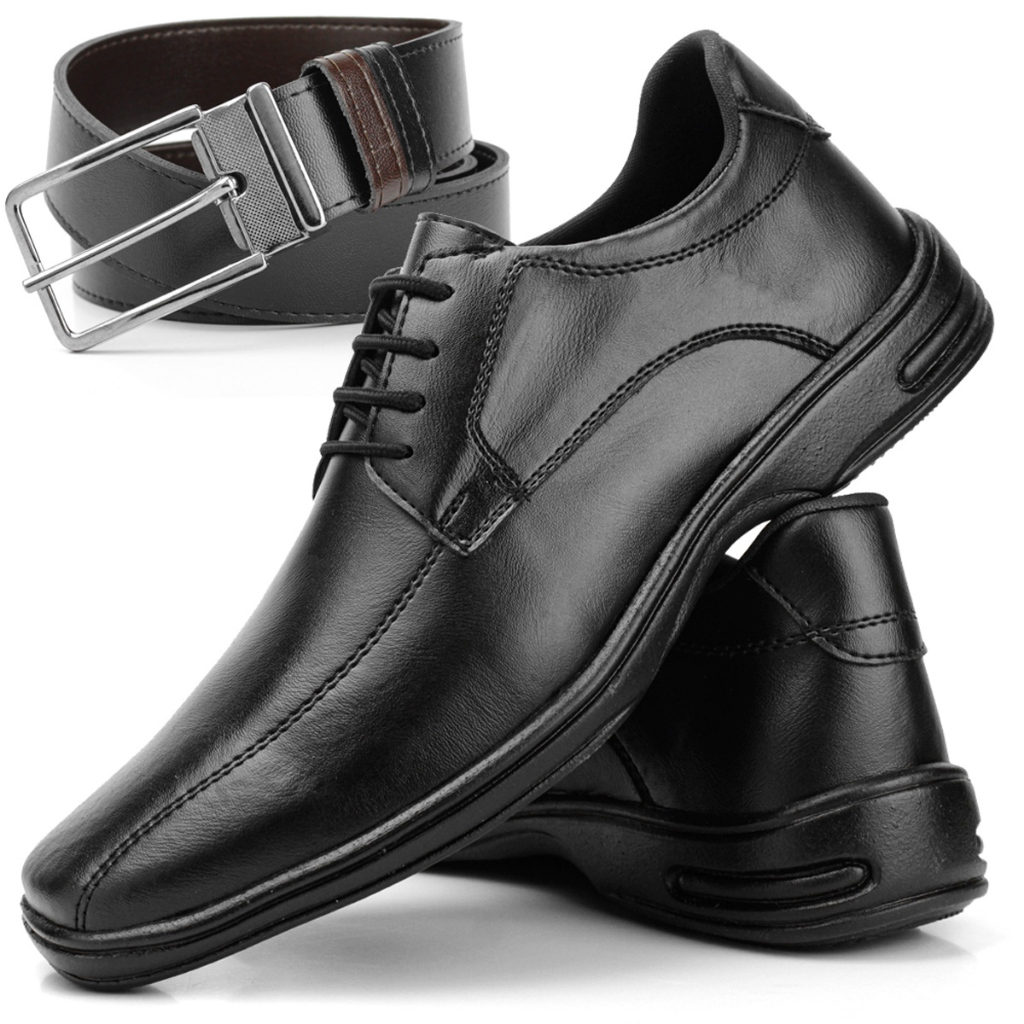 Kit Sapato Social Masculino Confort Elegante Leve Com Cadarço + Cinto Ajustavel Ideal Para Casamento