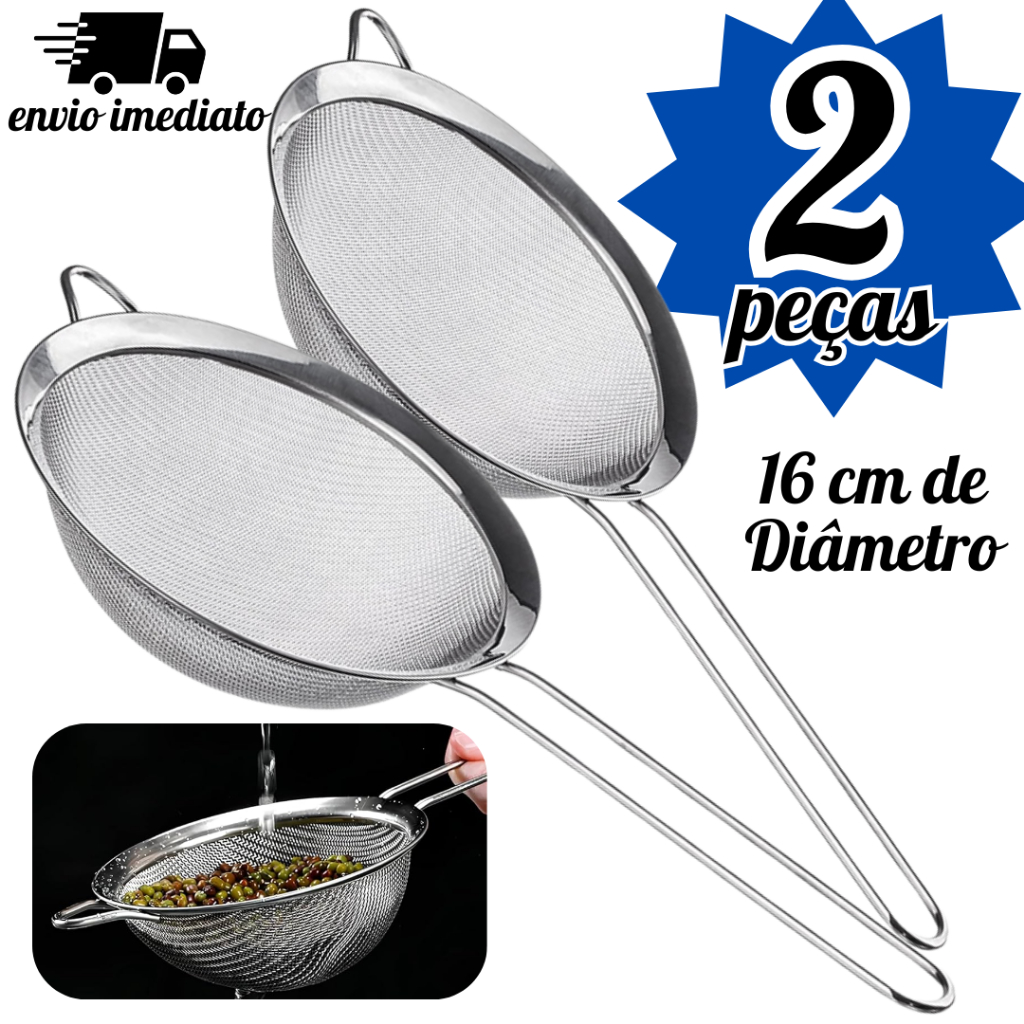 Peneira de Aço 100% Inox Grande Coador 16cm para Cozinha Restaurantes Bares Padarias
