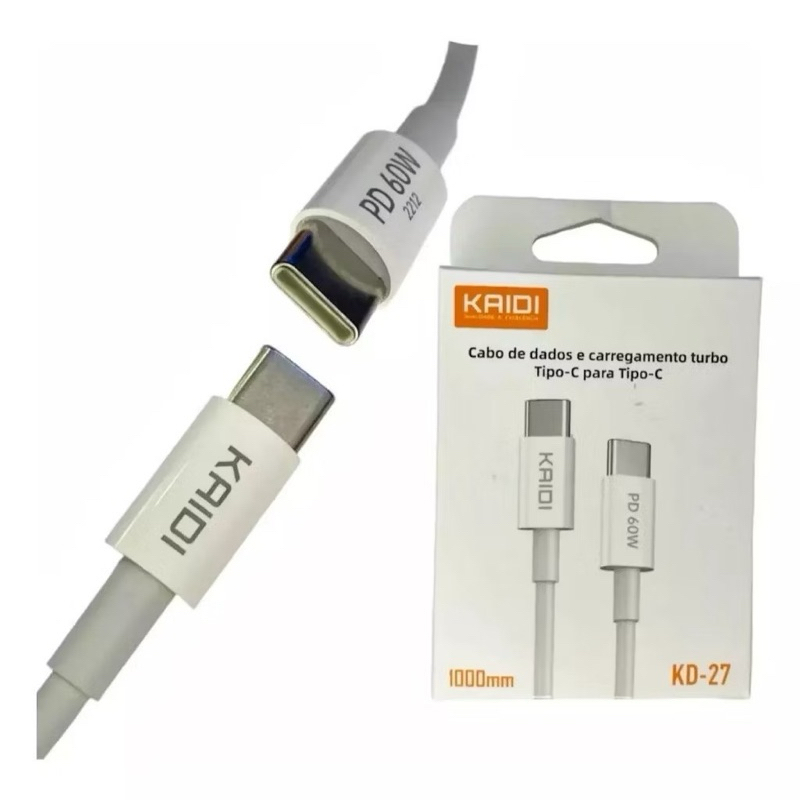 Cabo USB-C PD Lightning Turbo Original Kaidi para iPhone 11 12 13 14 | Cabo Tipo-C Kaidi Turbo Carregamento Rápido