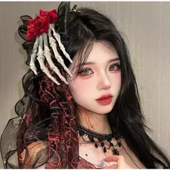 Presilha De Cabelo Com Flor E Veu Rendada Mão de Caveira Esqueleto Para Festas Tematico Halloween