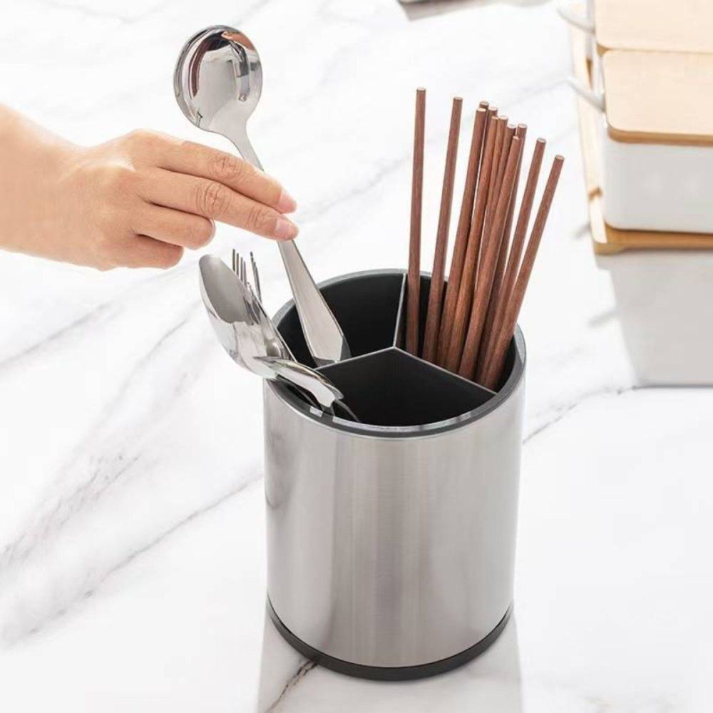 Porta Talher Inox Escovado com Dreno Escorredor Suporte Organizador para Cozinha, Pia e Bancada