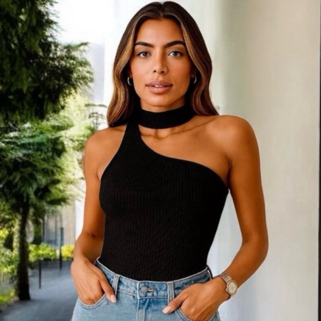 Blusa Nula Manga Gola Choker Feminina Ajustável Moda Casual Elegante Look Moderno Versátil Confortável  Verão 2025