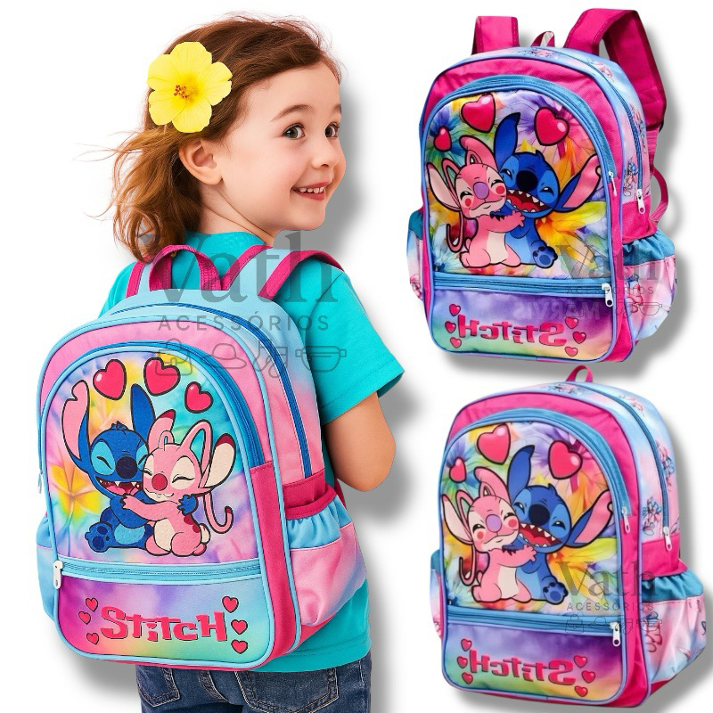 Mochila Infantil Juvenil Stitch Grande Azul Rosa Escolar Personagem Resistente e Leve Alça Reforçada