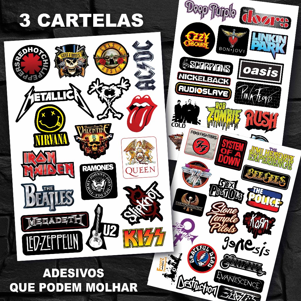 Adesivos Bandas de Rock, decoração, carro, moto e acessórios, com 3 cartelas e 52 unidades