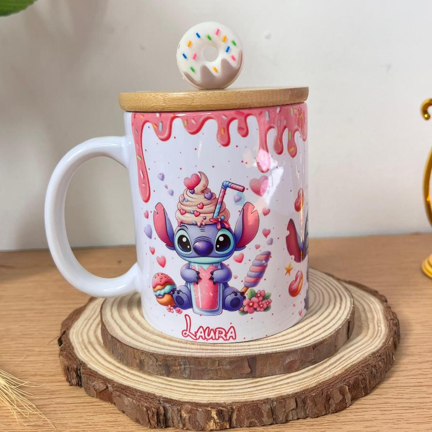 Caneca Stitch 325ml Cerâmica com Tampa Bambu Donut Personalizada com Nome – Presente Criativo Disney rosa doces