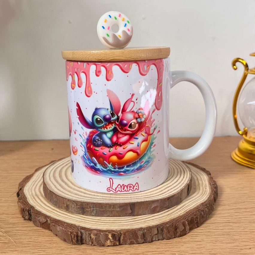 Caneca stitch angel com donut e tampa bambu puxador de donut branca 325ml presente menina criança adulto com nome doces