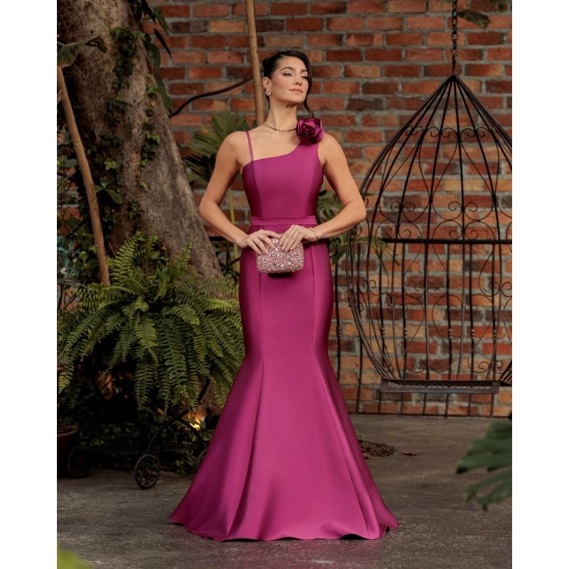 Vestido de Festa Longo Fúscia Zibeline Sereia c/Alça Fina Carmem