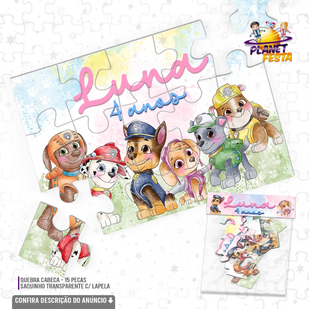 Quebra-Cabeça Personalizado Patrulha Canina Aquarela | Lembrancinha de Aniversário 15 Peças