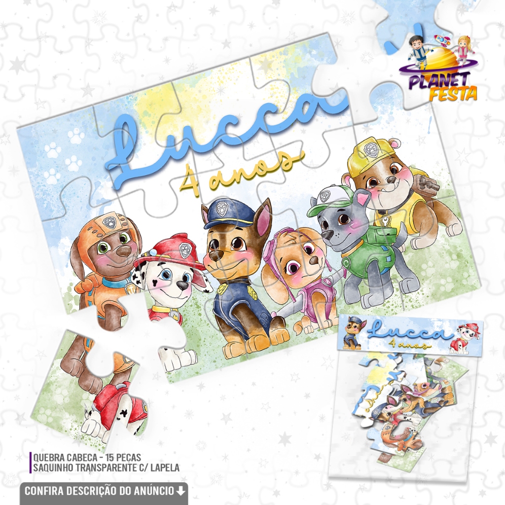 Quebra-Cabeça Personalizado Patrulha Canina Aquarela | Lembrancinha de Aniversário 15 Peças