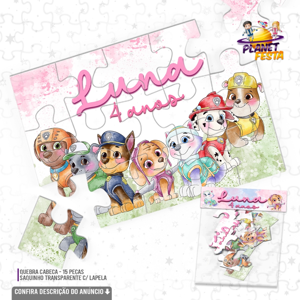 Quebra-Cabeça Personalizado Patrulha Canina Aquarela | Lembrancinha de Aniversário 15 Peças