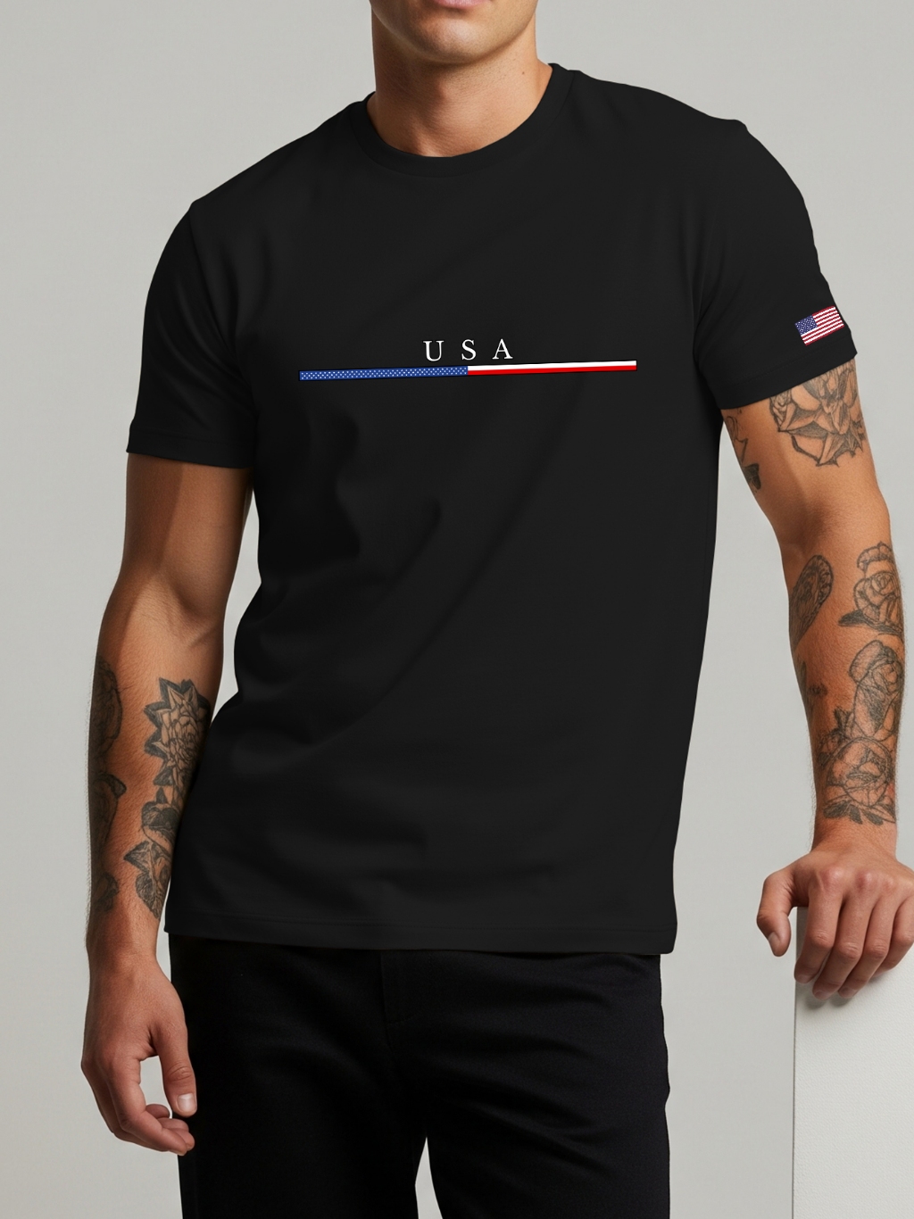 Camiseta Masculina Faixa EUA Bandeira no Ombro Estilo Street USA