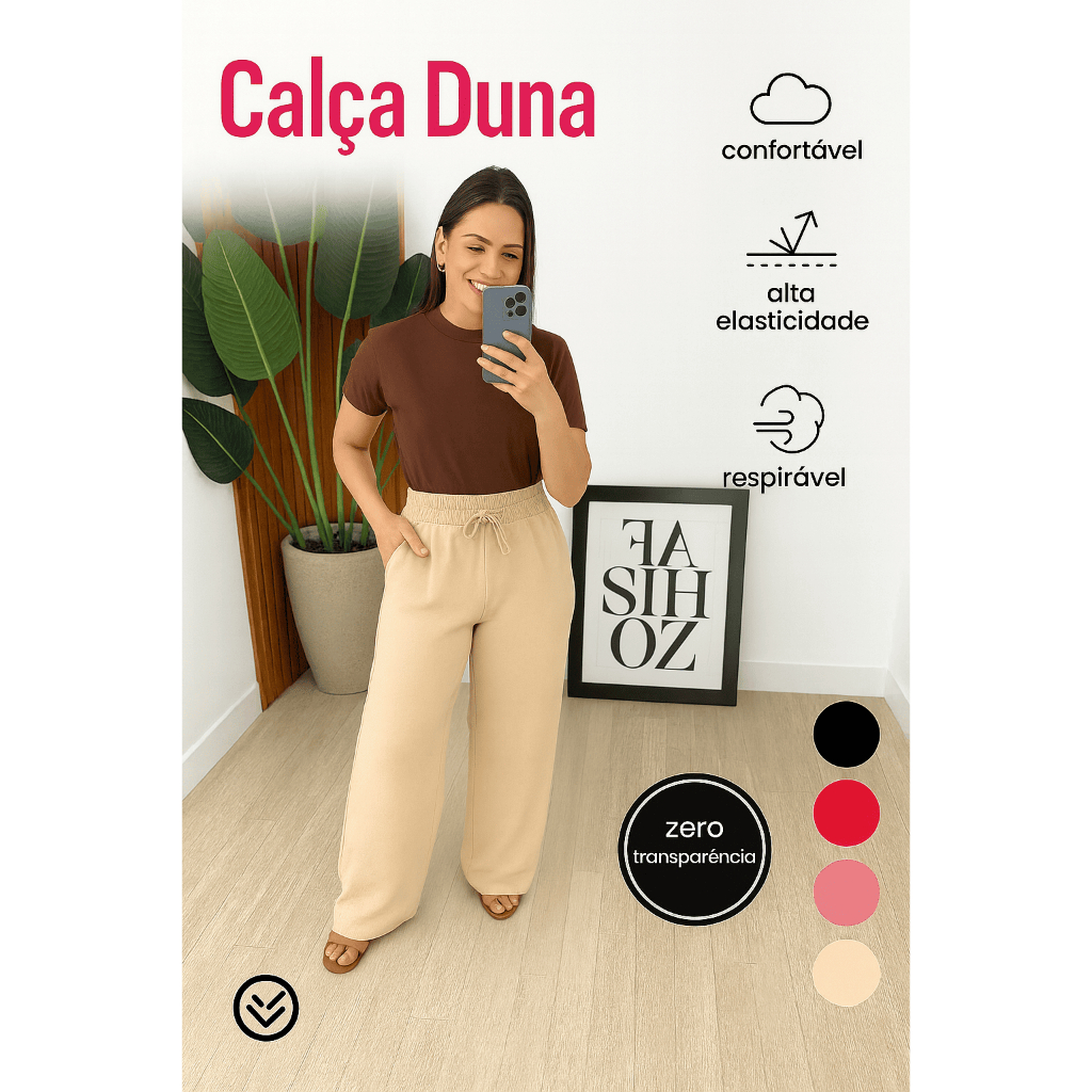Calça Pantalona Feminina Tecido Duna com elastico na cintura calça flare folgadinha Com Bolso