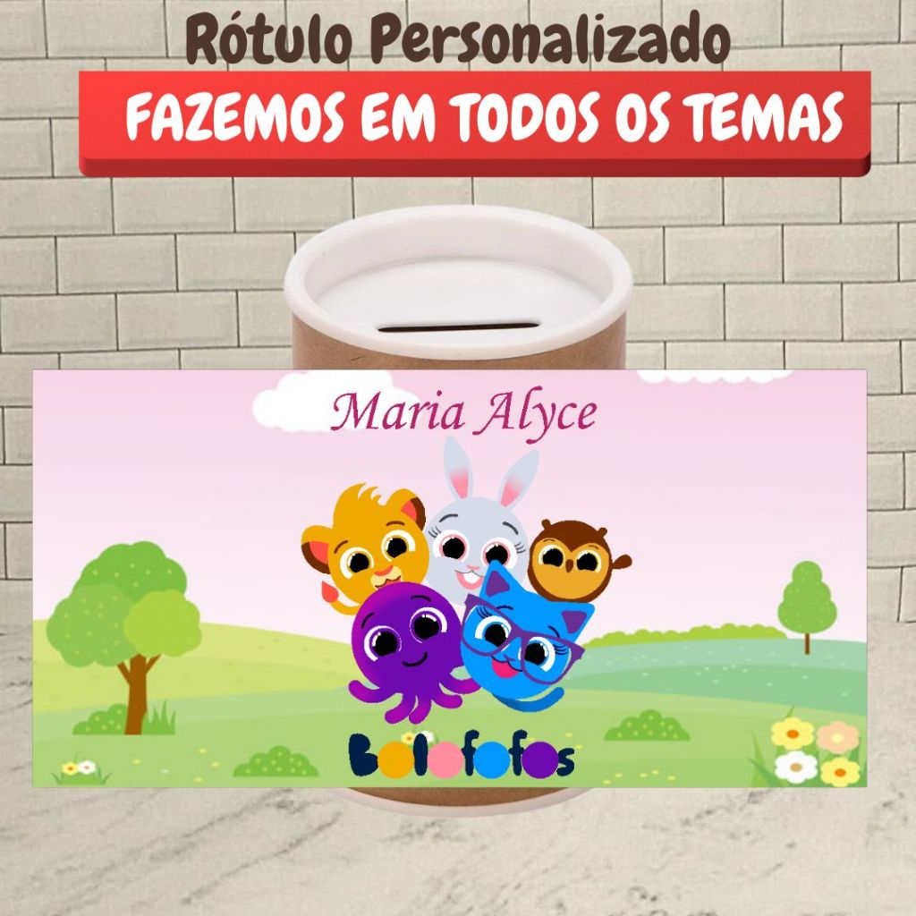 Rótulo Adesivo Para Cofrinho - BOLOFOFOS ROSA MENINA - Lembrancinha Personalizada Aniversário Infantil
