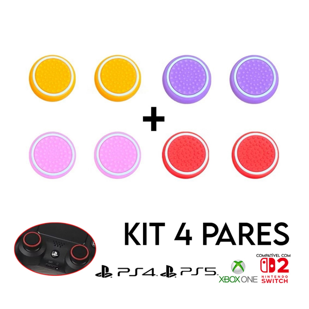 Kit 4 Pares 8 unidades de Grip Silicone Botão Ps3 Ps4 Ps5 Xbox Wii Switch 2