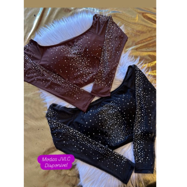 BLUSA CROPPED TOP MANGA LONGA PEDRARIA STRASS BLOGUERINHA MODA TIK TOK INFLUENCER