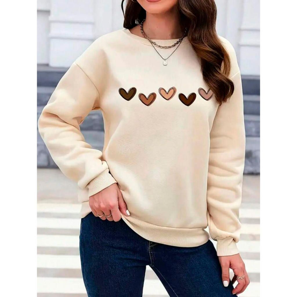 Blusa de Frio Moletom Gola Redonda Flanelado Corações Delicados Moletom Careca Unissex
