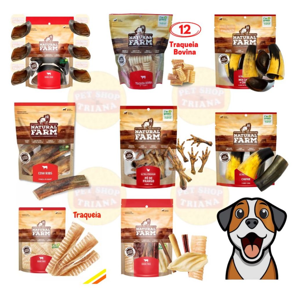 Petisco Mordedor Natural para cachorro  Casco Traqueia Chifre Pé de Frango Costela  Orelha Bovina Brinquedo Osso Pet