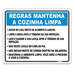 Placa de Aviso Regras para Manter a Cozinha Limpa Sinalização Refeitório Empresa Área Social