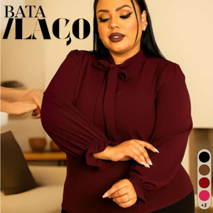 Blusa Camisa Social Plus Size Feminina Gola De Laço Manga Longa/ Moda 2026