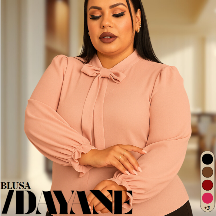 Blusa Camisa Social Plus Size Feminina Gola De Laço Manga Longa Moda 2026