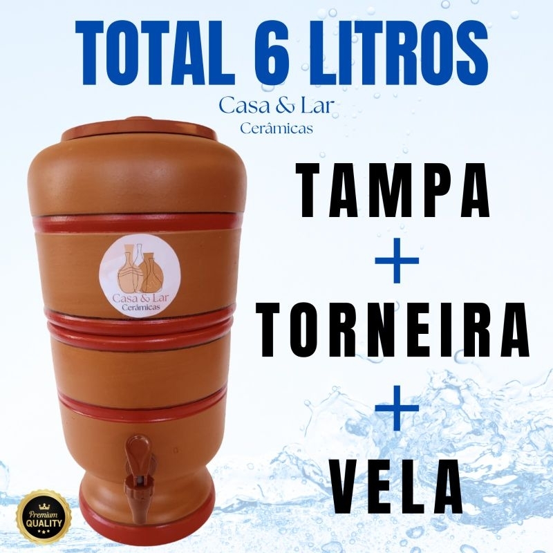 Filtro Talha de Barro Total de 6 Litros com Vela e boia