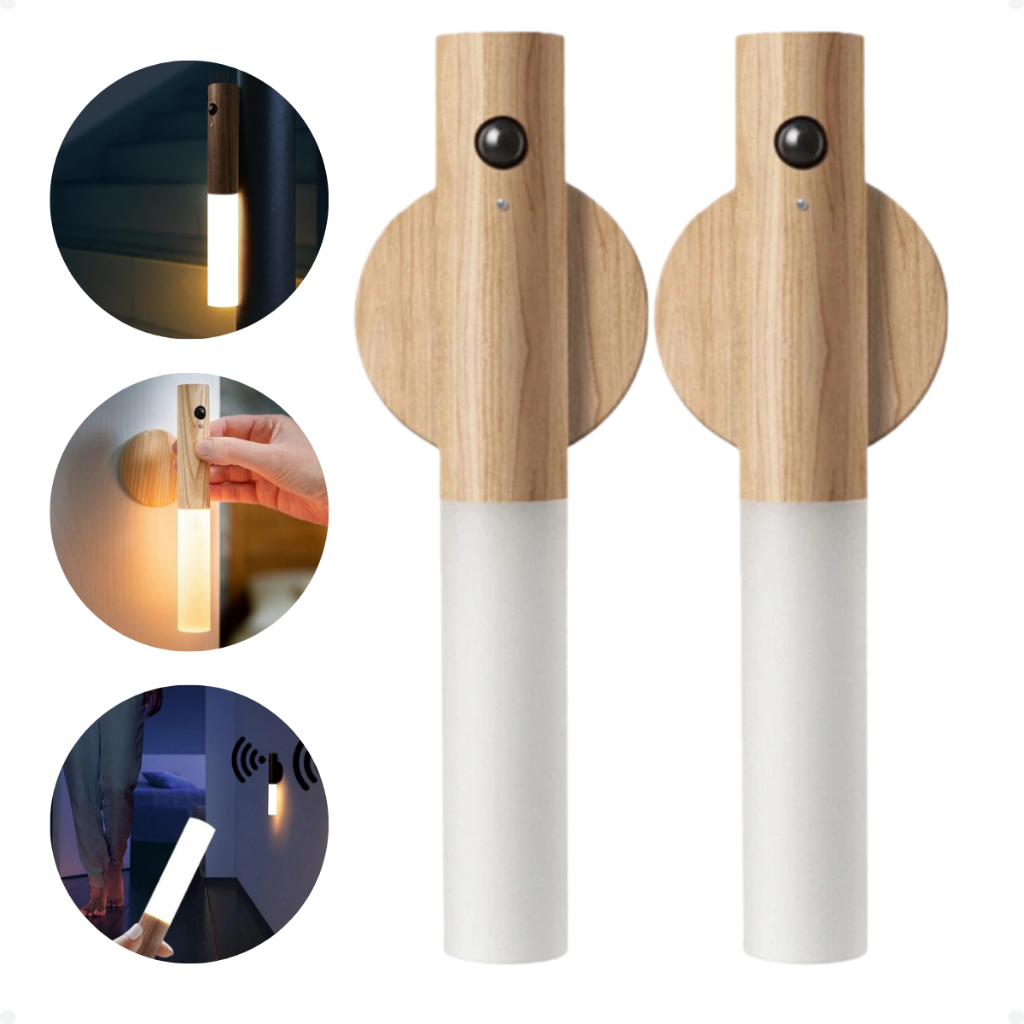 Kit 02 Luminárias Magnéticas Sensor Movimento Bastão Madeira
