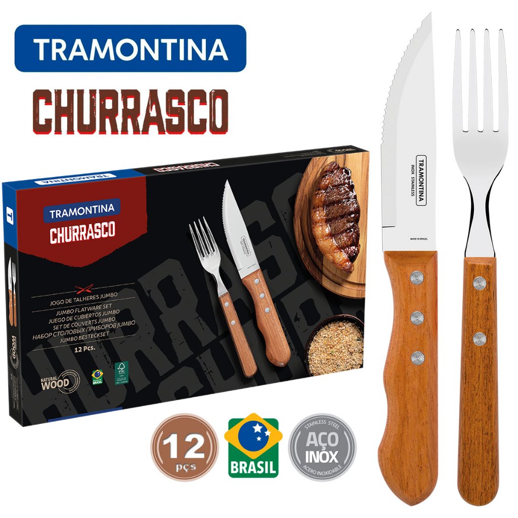 Jogo para Churrasco Tramontina Jumbo 12 Peças em Aço Inox e madeira Natural
