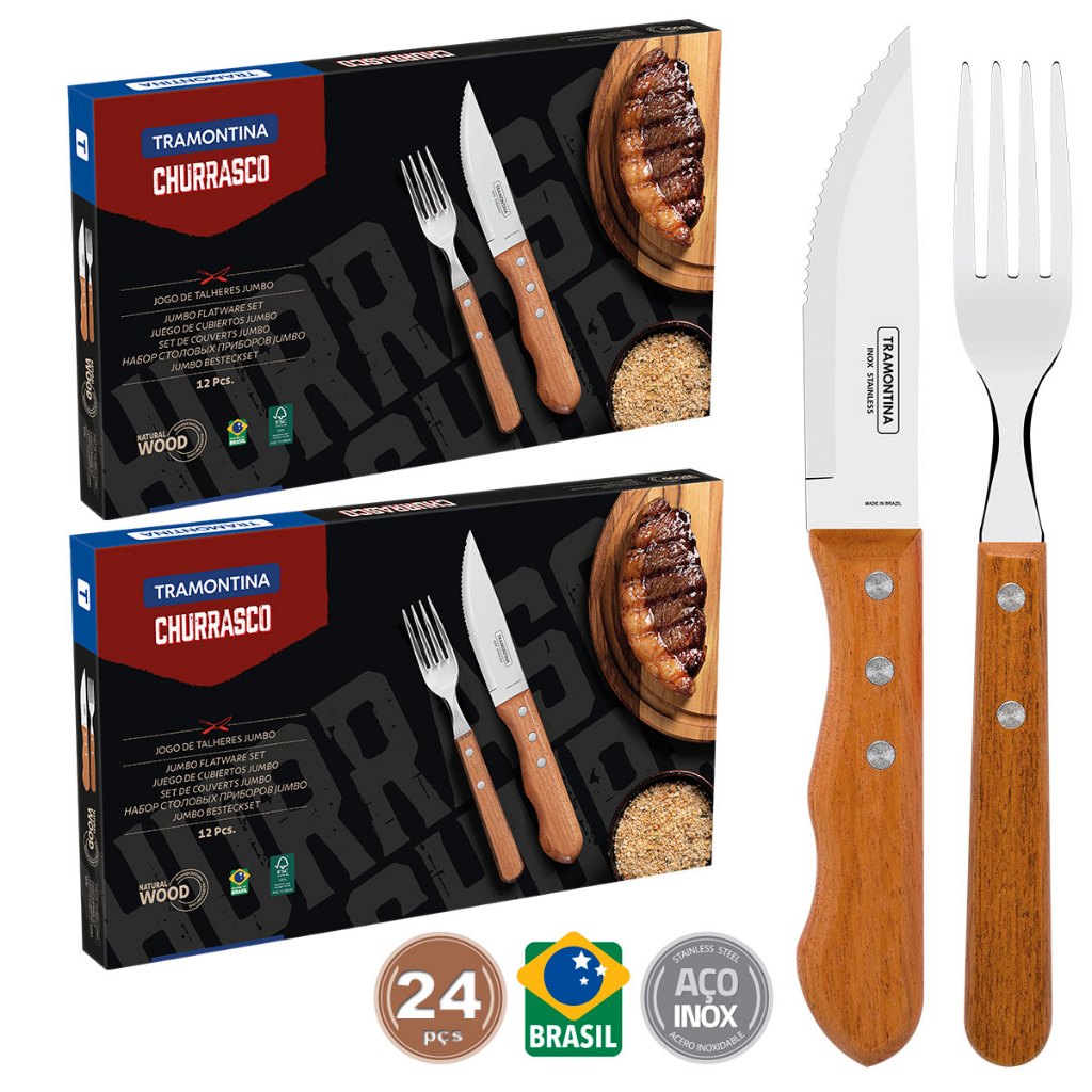 Faqueiro para Churrasco Tramontina Jumbo 24 Peças em Aço Inox e madeira Natural