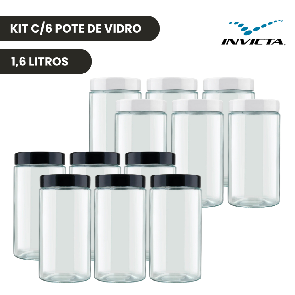 Kit c/6 unid Pote Vidro 1,6 Litros Redondo Tampa Rosca Color Invicta