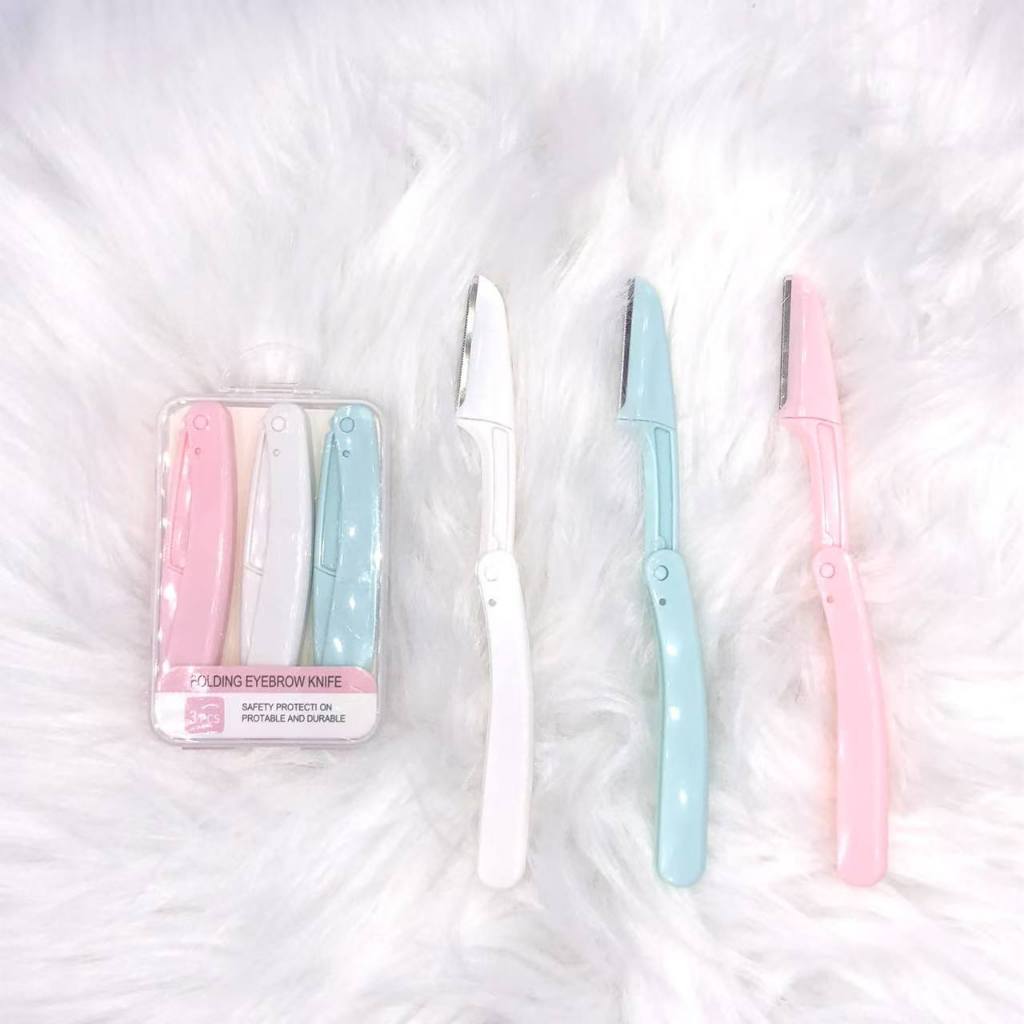 Kit de 3 Navalhas De Sobrancelhas e Rosto Dobrável com Estojo de Plastico Aparador De Sobrancelhas Depilação Facial