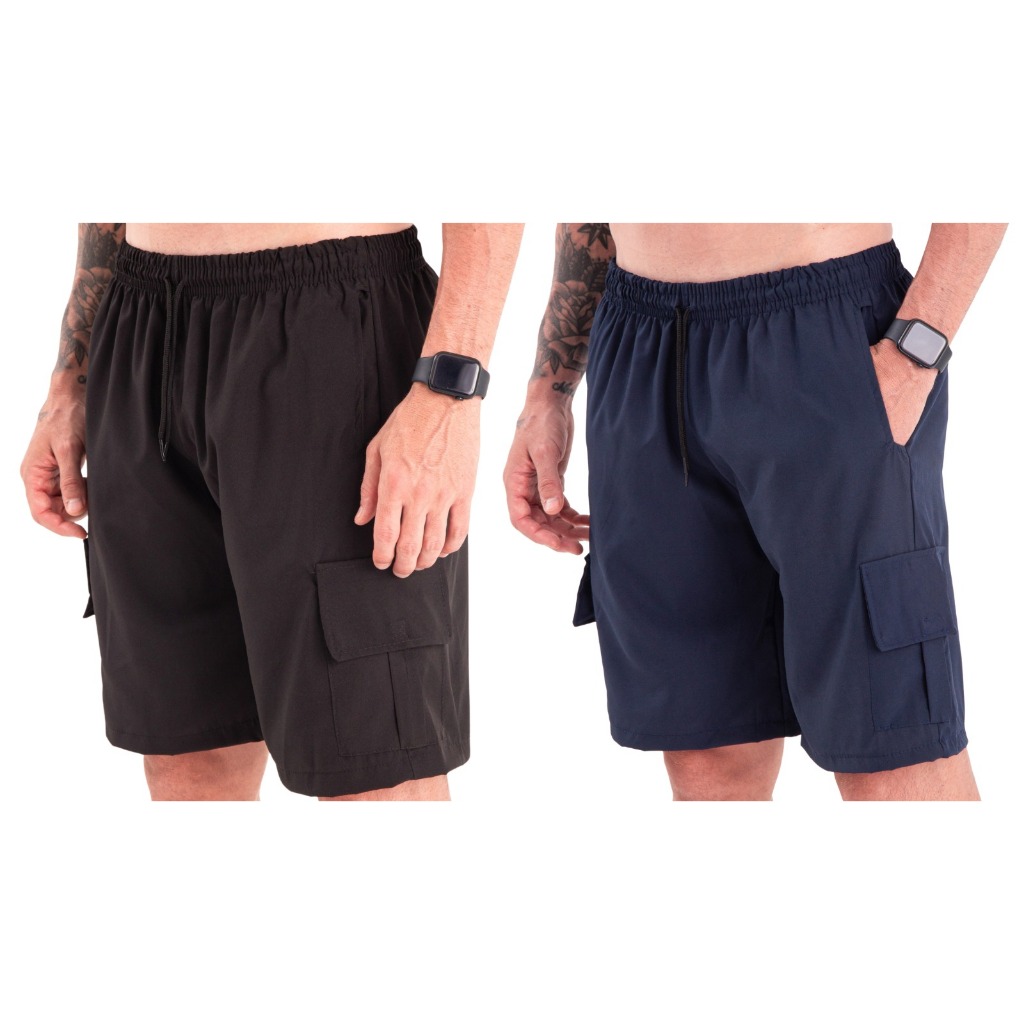 Kit 2 Bermuda Cargo Corta Vento Tactel Bolso Lateral