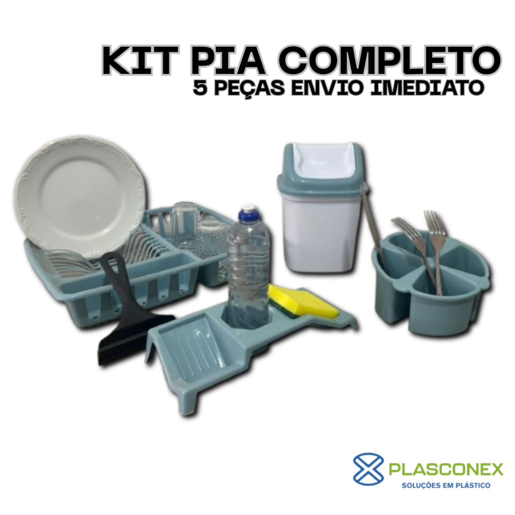 Conjunto Pia Porta sabão + Escorredor + Lixeira + Rodo de Pia para Cozinha 4 peças  - Plasconex