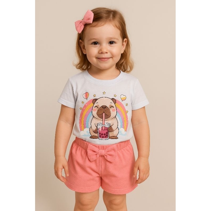 Conjunto Infantil Menina da capivara Blusa Malha Polly Branca + Short Bengaline Rosa Bebê 1 a 6 anos"