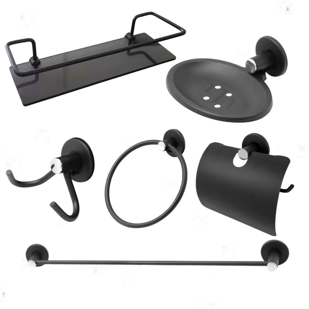 Kit Para Banheiro Completo 5 Pçs Preto Fume + Porta Shampoo Prateleira De Vidro Fumê