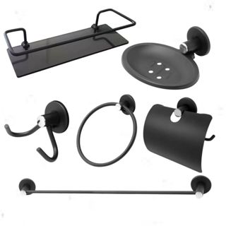 Kit Para Banheiro Completo 5 Pçs Preto Fume + Porta Shampoo Prateleira De Vidro Fumê em Oferta na Shopee