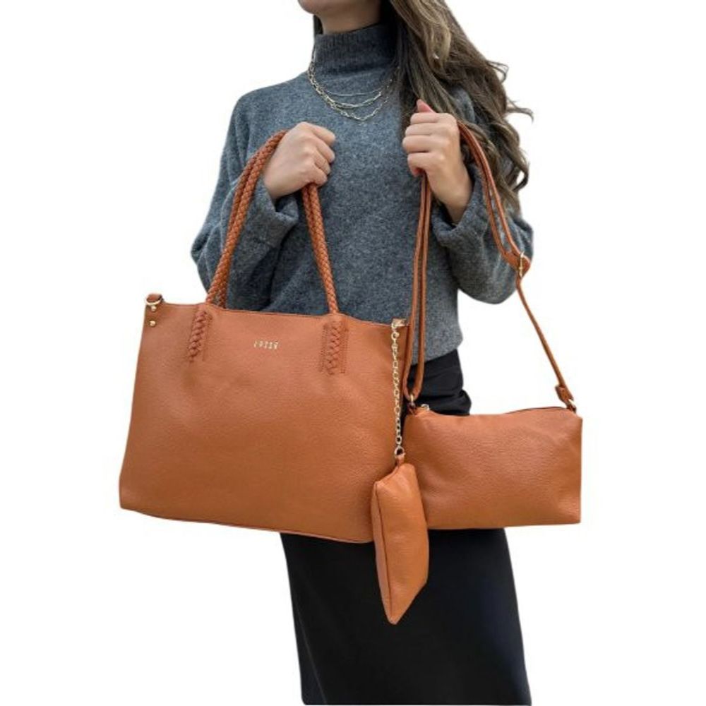 BOLSA GRANDE TIPO CASUAL 3 PEÇAS ESTILO TOTE ALÇA DUPLA REAJUSTÁVEL TRANSADA