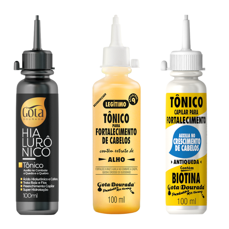 Kit Tônicos Capilares Gota Dourada  - Tradicional, Hialurônico e Biotina em Oferta na Shopee