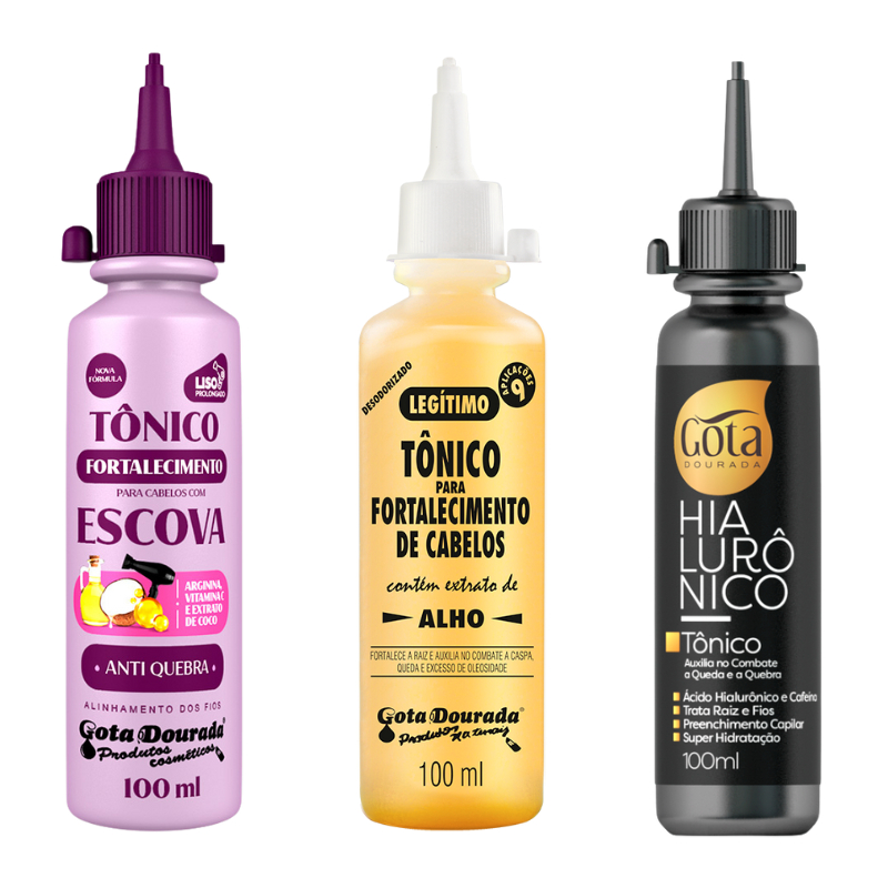Kit Tônicos Capilares Gota Dourada  - Tradicional, Hialurônico e Escova em Oferta na Shopee