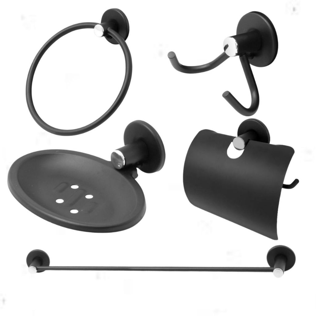 Kit Para Banheiro Acessórios de Metal Aço Inox 5 Peças Completo Preto Fosco