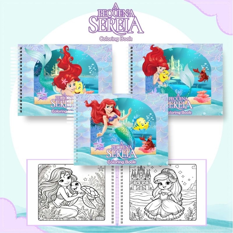 Caderno de Colorir A Pequena Sereia 50 Folhas | Capa Dura + Acetato | Papel 150g