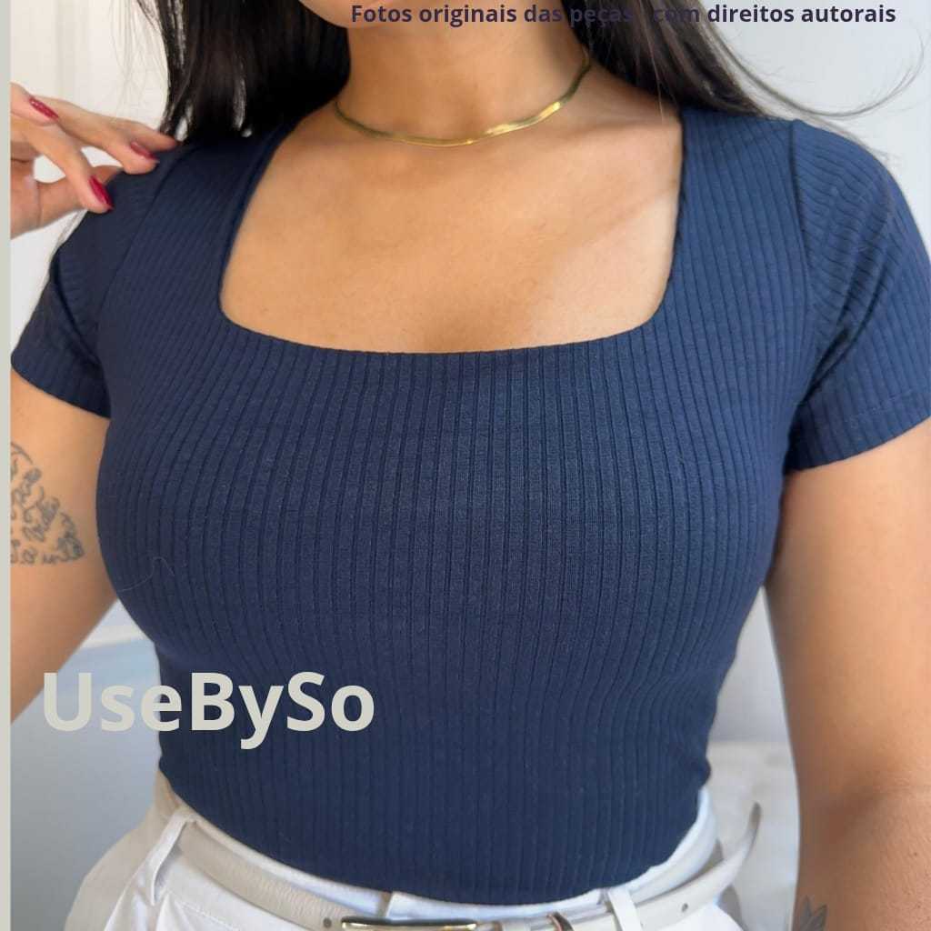 Blusinha Feminina Decote Quadrado Canelada Básica Blusa Elegante Dia a Dia Manga Curta