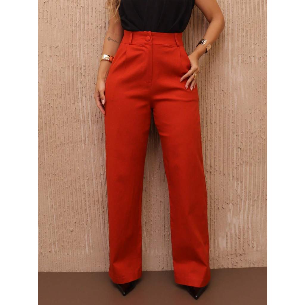 Calça Feminina Linho Pantalona Cintura Alta Boca De Sino Sofisticada Elegante Social Bolso nas costas P M G