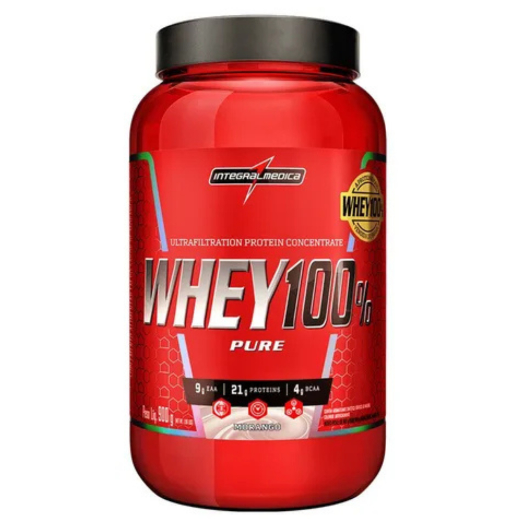 Whey Protein 100% Pure Morango 900g Integralmedica Suplemento Proteico Massa Muscular Recuperação