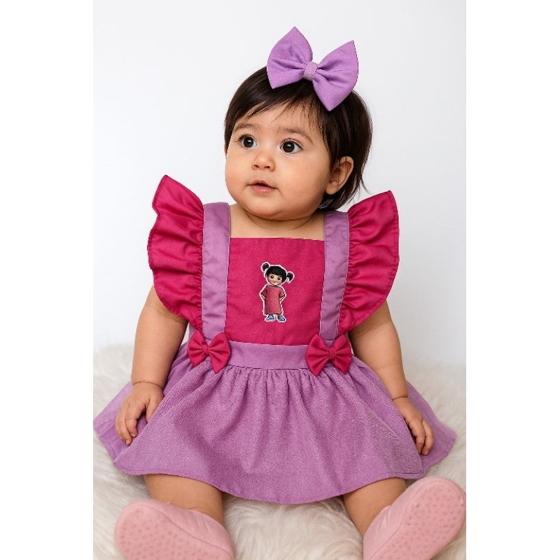 Romper Jardineira  Boo Mostro S.A com Tule Brilhante Mesversario Aniversario