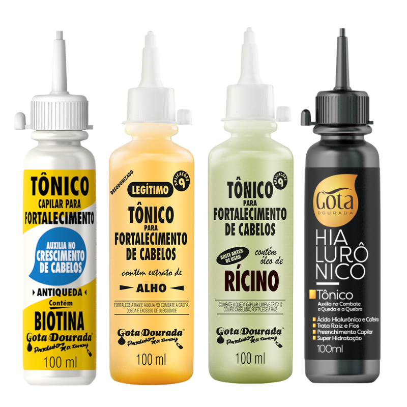 Kit Tônicos Capilares Gota Dourada  - Tradicional, Hialurônico e Biotina e Rícino em Oferta na Shopee