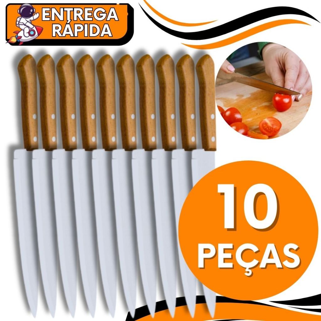 KIT JOGO 10 Faca 7" De Cozinha Inox Profissional do Chef 30cm Cabo Madeira | Para Cozinha Gourmet Carne Churrasco Corte