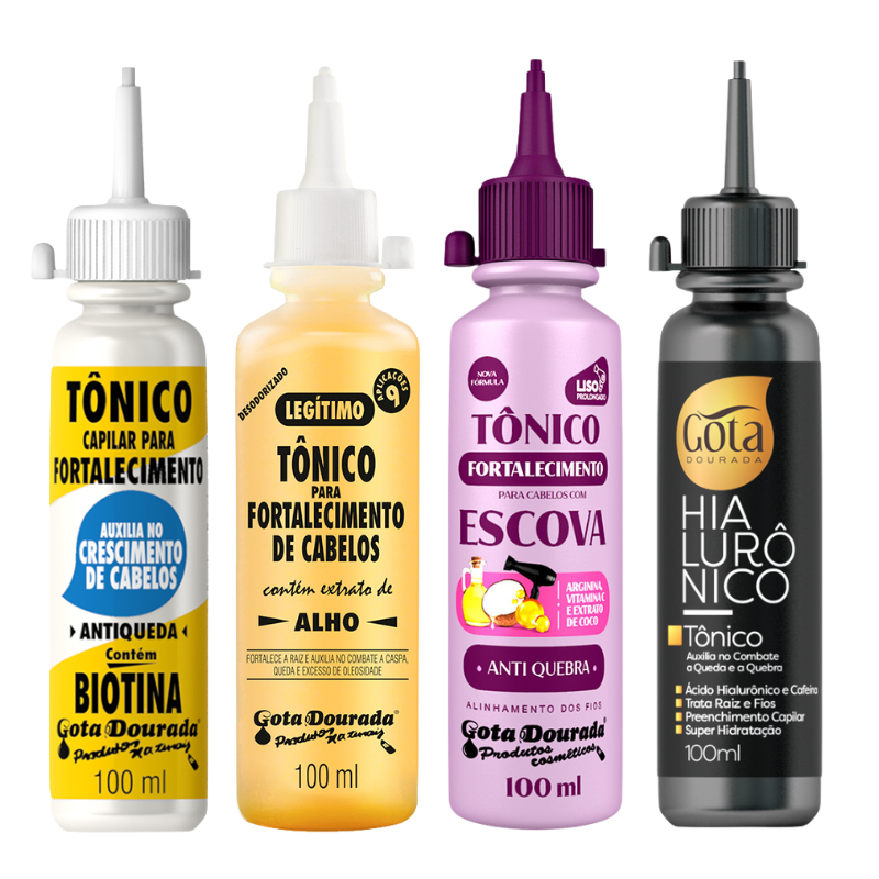 Kit Tônicos Capilares Gota Dourada  - Tradicional, Hialurônico e Escova e Biotina em Oferta na Shopee