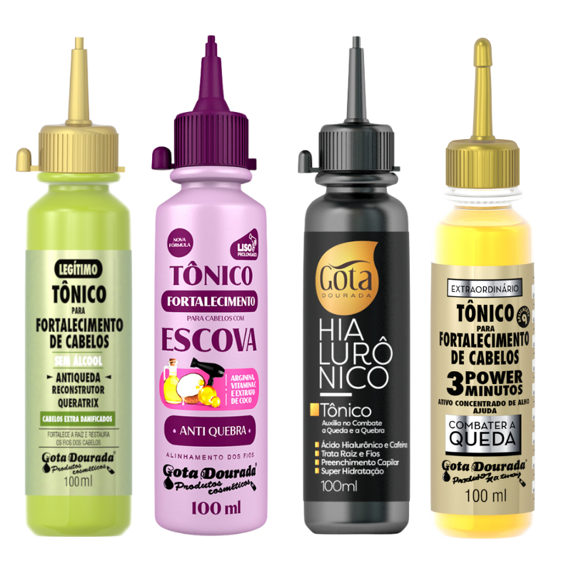 Kit Tônicos Capilares Gota Dourada  - Combate a queda, Antiqueda, Escova e Hialurônico em Oferta na Shopee