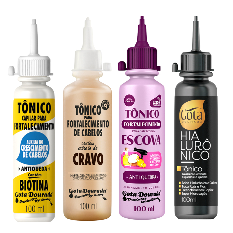 Kit Tônicos Capilares Gota Dourada  - Escova, Cravo, Hialurônico e Biotina em Oferta na Shopee